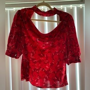 ASTR red floral puff sleeve cowl neck blouse